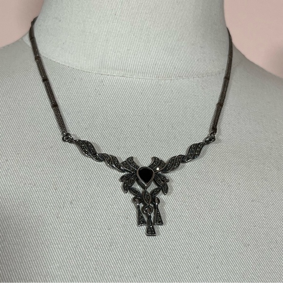 Antique Art Deco 1920's Sterling Silver Marcasite black Onyx Choker necklace - Picture 4 of 17